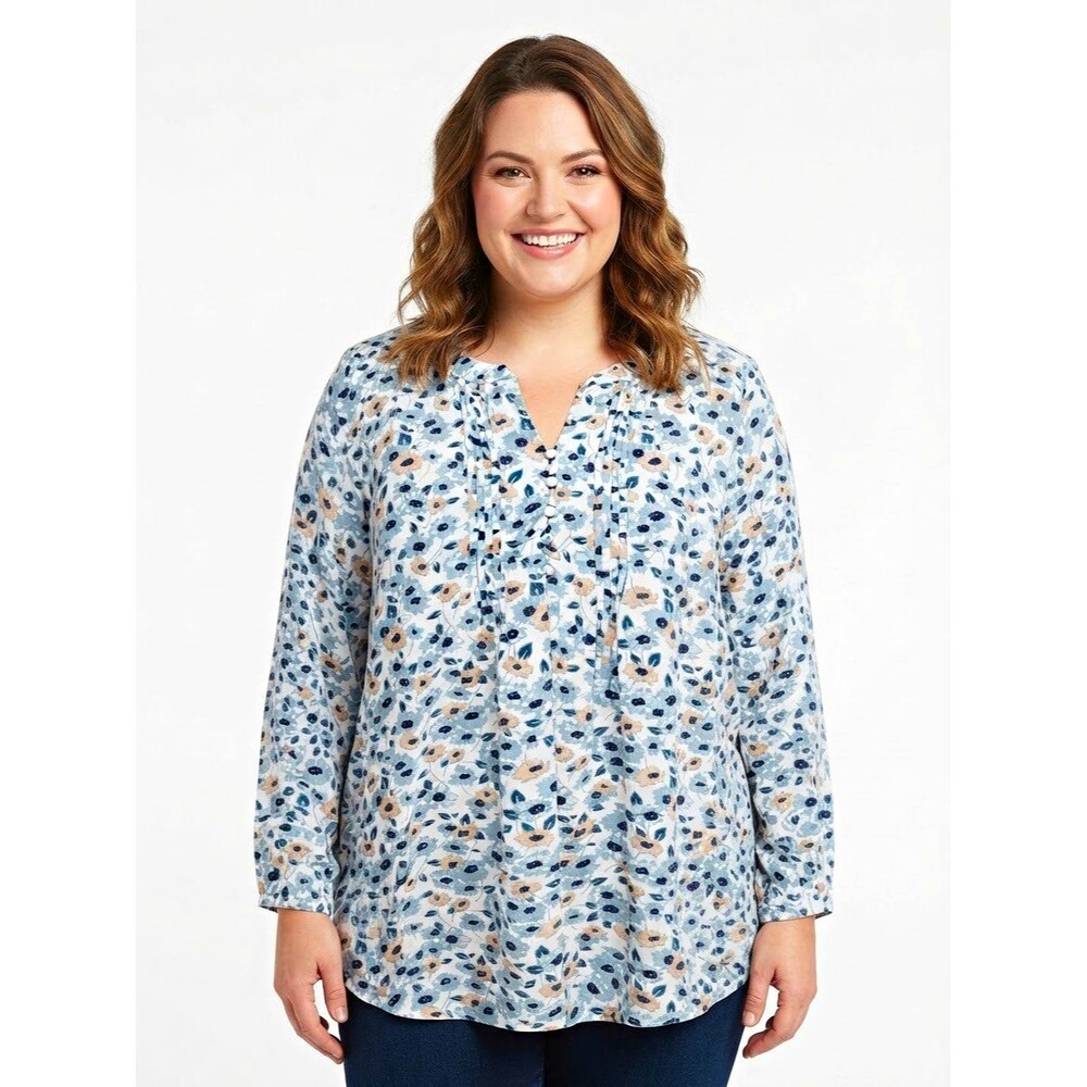 Croft & Barrow Womens Plus Blouse Top 2X Floral V-Neck Buttons Pintucks 3/4 slv